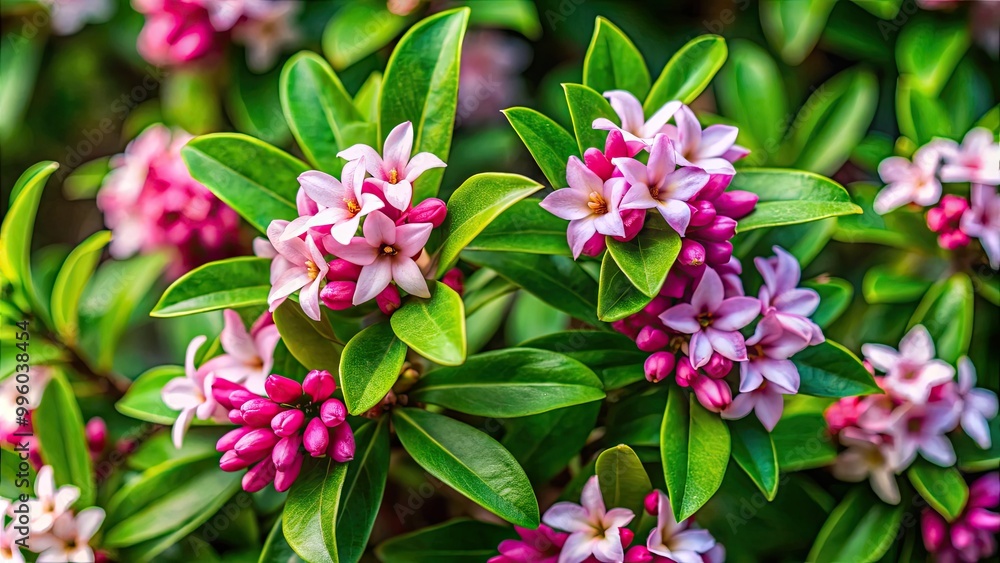 A stunning daphne plant adorned with vibrant green foliage and soft pink blossoms thrives in its natural environment, exuding beauty and tranquility. A stunning daphne plant adorned with vibrant green foliage and soft pink blossoms thrives in its natural environment, exuding beauty and tranquility.