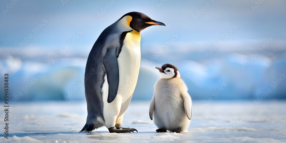 Fototapeta premium Baby penguin standing next to mother penguin on ice, penguin, mother, chick, cute, wildlife, family, bond, love, Antarctica, cold