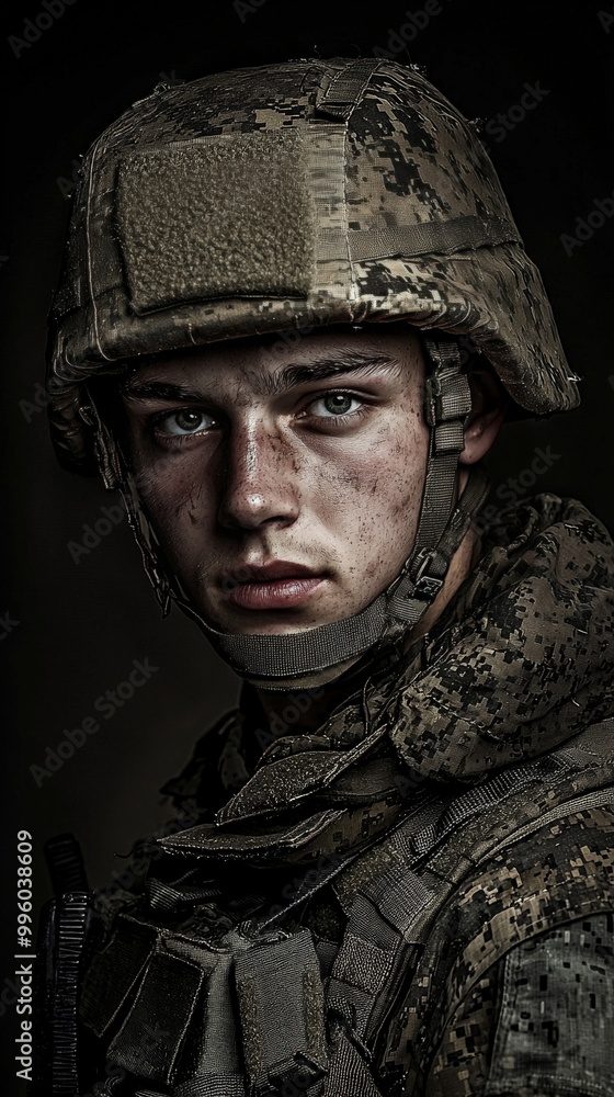 A dramatic portrait of a soldier, with harsh lighting highlighting the details of their uniform and the determination in their expression A dramatic portrait of a soldier, with harsh lighting highlighting the details of their uniform and the determination in their expression