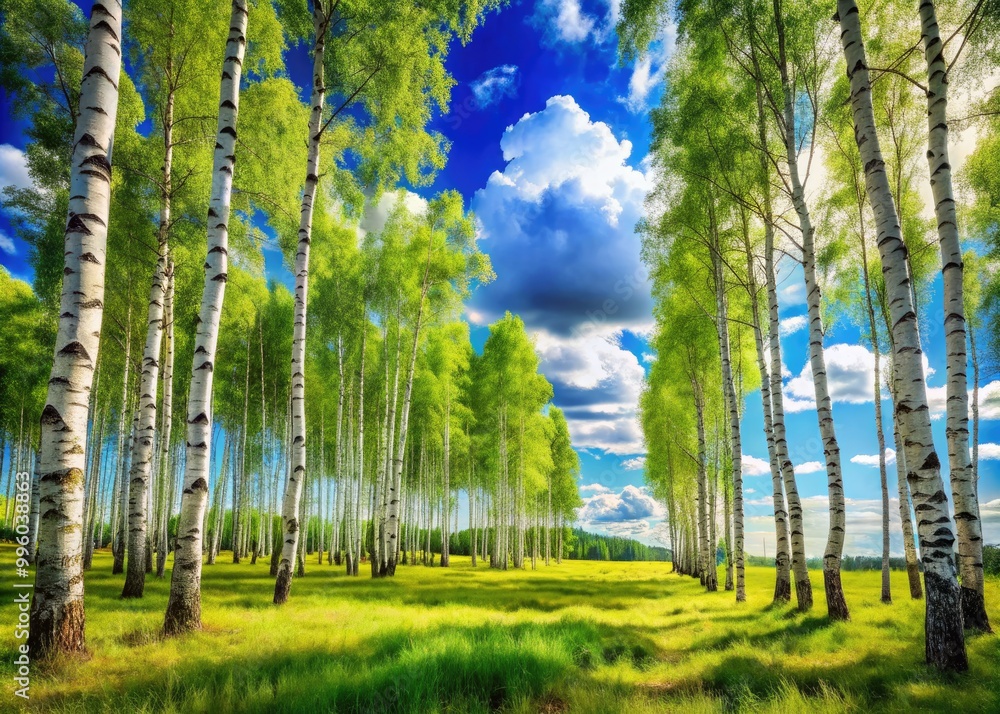A stunning birch tree family stands gracefully in a vibrant green forest, under a bright blue sky adorned with fluffy white clouds, creating a serene atmosphere. A stunning birch tree family stands gracefully in a vibrant green forest, under a bright blue sky adorned with fluffy white clouds, creating a serene atmosphere.