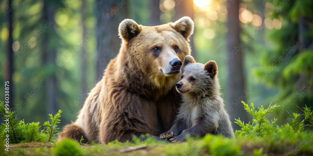Obraz premium Mother bear cuddling her adorable son in a forest setting, mother, bear, son, family, love, wildlife, nature, outdoors