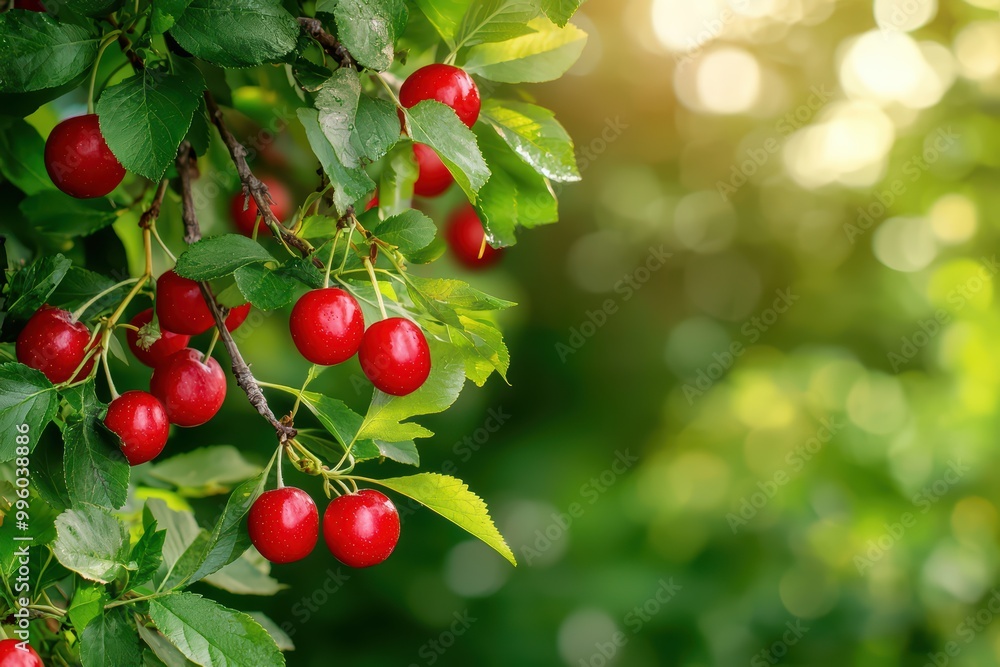Fresh red cherries hanging from lush green leaves in soft sunlight. Fresh red cherries hanging from lush green leaves in soft sunlight.