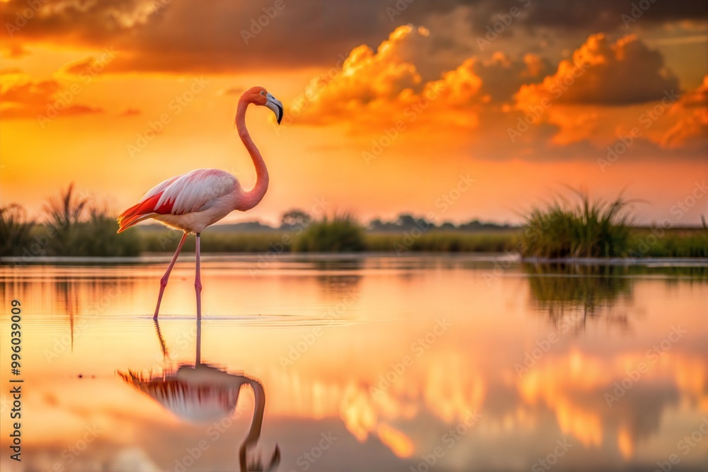 Fototapeta premium Flamingo in shallow water at sunset with orange sky