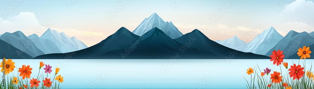 Fototapeta premium Majestic mountain peaks rising above a calm