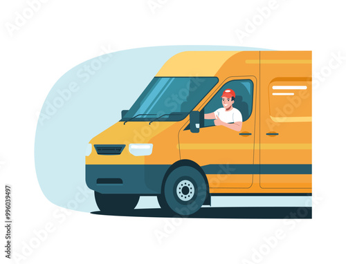 Cheerful driver showing thumbs up while driving a cargo van. Vector illustration.