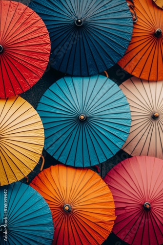 Top down view of colorful bright japanese umbrellas 