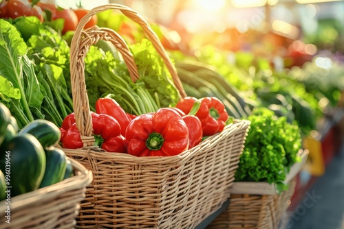 Fresh vegetables in wicker baskets on display at a market with sunlight.