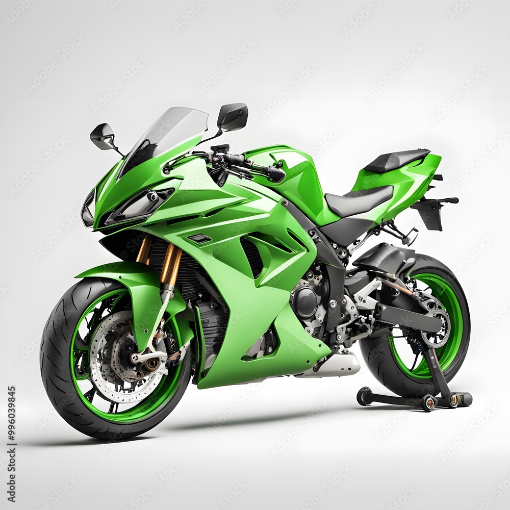 A Green Sport Bike Motorcycle Isolated on White Background, Side View A Green Sport Bike Motorcycle Isolated on White Background, Side View