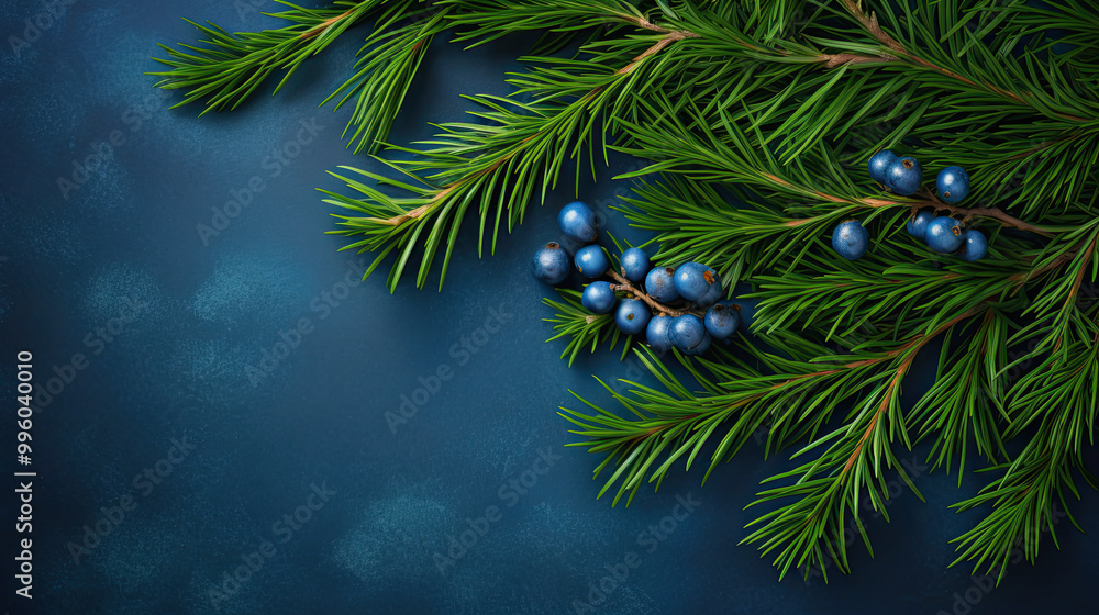 Top view of tree branches with Christmas ornaments and details on a indigo background Top view of tree branches with Christmas ornaments and details on a indigo background