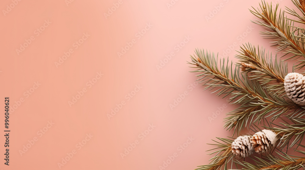 Top view of tree branches with Christmas ornaments and details on a blush background Top view of tree branches with Christmas ornaments and details on a blush background