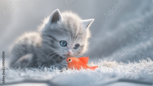 A little grey kitten with big blue eyes looks at a red fish toy. photo