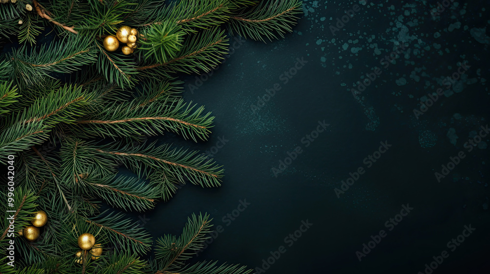 Top view of tree branches with Christmas ornaments and details on a dark green background Top view of tree branches with Christmas ornaments and details on a dark green background