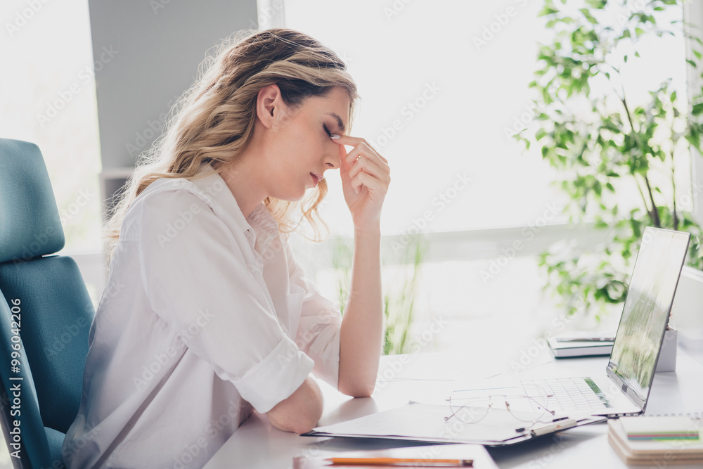 Photo of lovely young lady tired headache manager dressed formalwear comfortable startup office room interior Photo of lovely young lady tired headache manager dressed formalwear comfortable startup office room interior