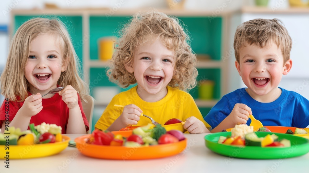 Kids enjoying healthy meals with colorful plates, smiling and happy. Kids enjoying healthy meals with colorful plates, smiling and happy.