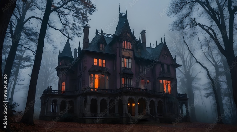 A spooky Gothic Style mansion in the middle of a dark, foggy forest. A spooky Gothic Style mansion in the middle of a dark, foggy forest.