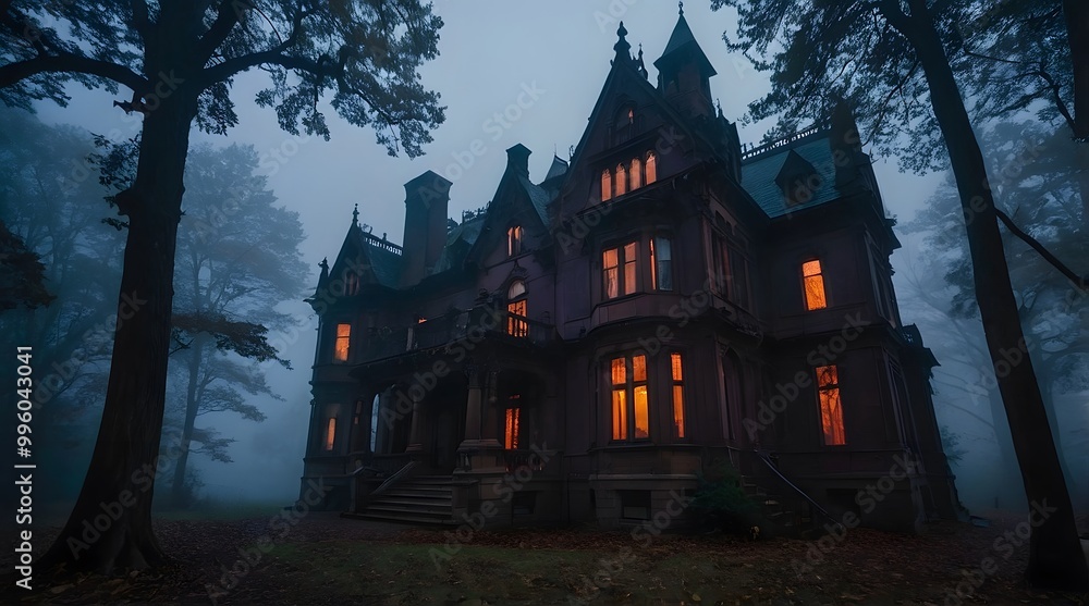 A spooky Gothic Style mansion in the middle of a dark, foggy forest. A spooky Gothic Style mansion in the middle of a dark, foggy forest.