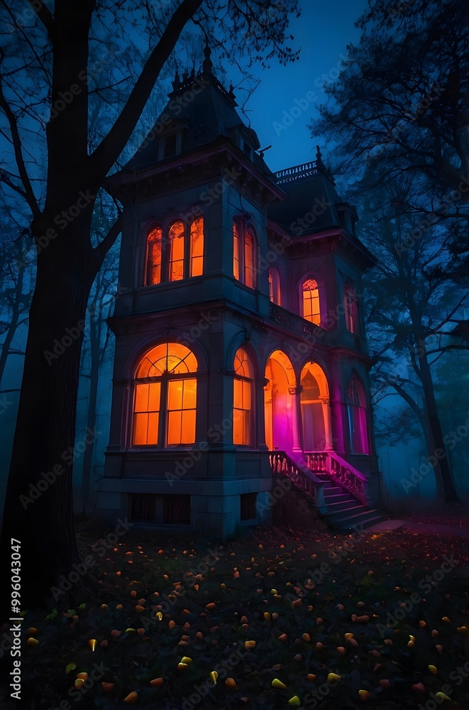 A spooky Gothic Style mansion in the middle of a dark, foggy forest. A spooky Gothic Style mansion in the middle of a dark, foggy forest.