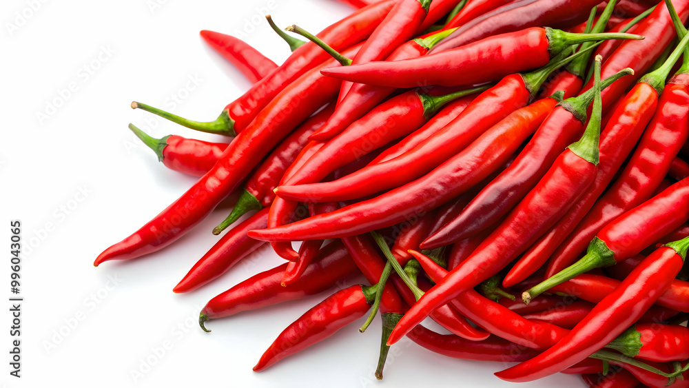 Vibrant red chillies on a clean white background, spicy, ingredient, cooking, fresh, organic, food, vegetables, capsicum Vibrant red chillies on a clean white background, spicy, ingredient, cooking, fresh, organic, food, vegetables, capsicum