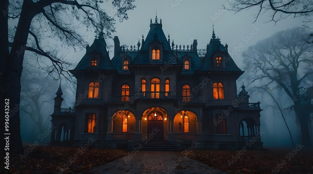 A spooky Gothic Style mansion in the middle of a dark, foggy forest. A spooky Gothic Style mansion in the middle of a dark, foggy forest.