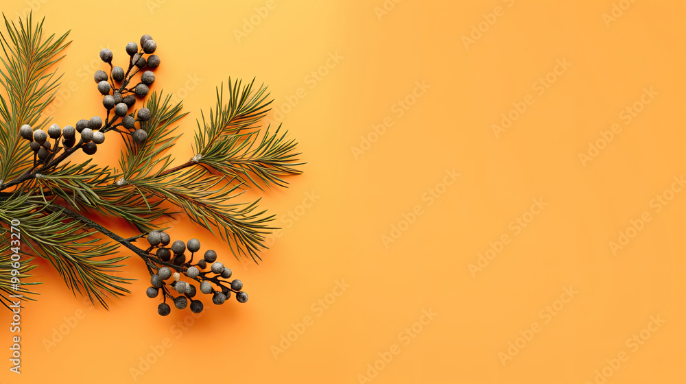 Top view of tree branches with Christmas ornaments and details on a light orange background Top view of tree branches with Christmas ornaments and details on a light orange background