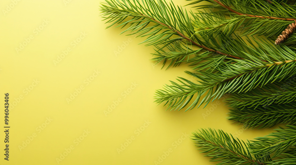 Obraz premium Top view of tree branches with Christmas ornaments and details on a light lime background