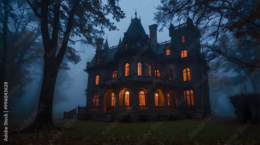 A spooky Gothic Style mansion in the middle of a dark, foggy forest. A spooky Gothic Style mansion in the middle of a dark, foggy forest.