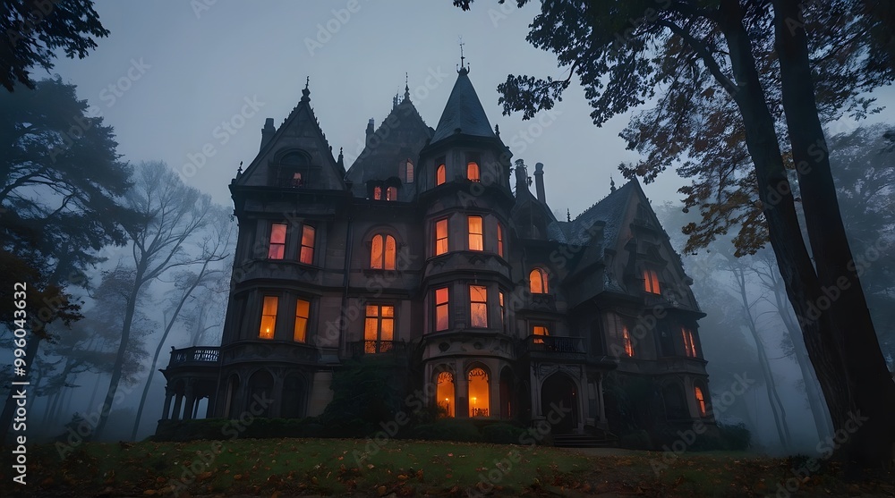 A spooky Gothic Style mansion in the middle of a dark, foggy forest. A spooky Gothic Style mansion in the middle of a dark, foggy forest.