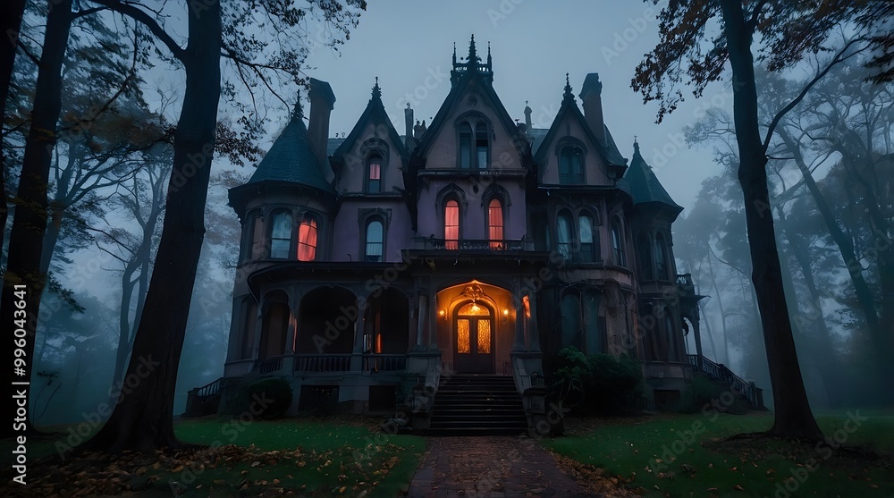A spooky Gothic Style mansion in the middle of a dark, foggy forest. A spooky Gothic Style mansion in the middle of a dark, foggy forest.