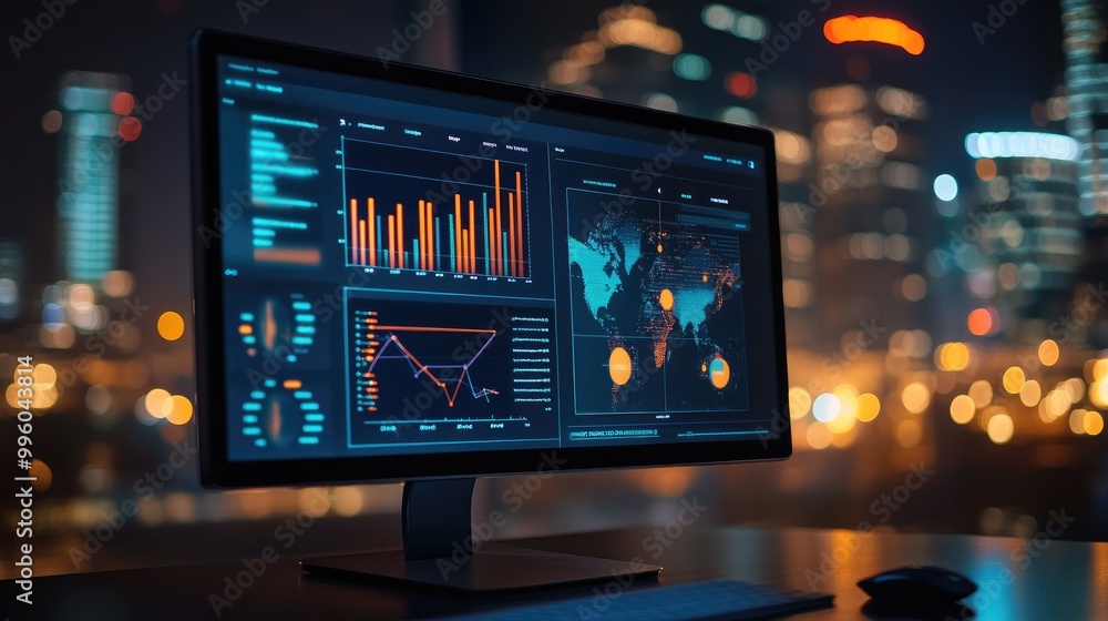 Computer screen with data graphs and charts. Represents analyzing data and trends in business. Computer screen with data graphs and charts. Represents analyzing data and trends in business.