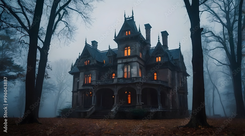 A spooky Gothic Style mansion in the middle of a dark, foggy forest. A spooky Gothic Style mansion in the middle of a dark, foggy forest.