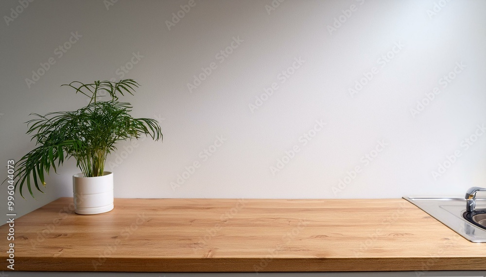 Kitchen wooden countertop on white wall background. Minimalistic room with tabletop and plant in vase for product presentation. Clean closeup mockup. interior of a room with a plant Kitchen wooden countertop on white wall background. Minimalistic room with tabletop and plant in vase for product presentation. Clean closeup mockup. interior of a room with a plant