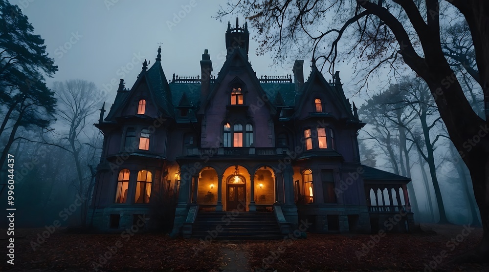 A spooky Gothic Style mansion in the middle of a dark, foggy forest. A spooky Gothic Style mansion in the middle of a dark, foggy forest.