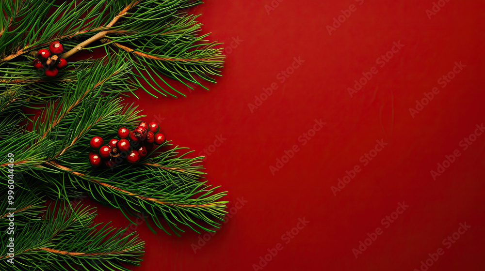 Top view of tree branches with Christmas ornaments and details on a vivid maroon background Top view of tree branches with Christmas ornaments and details on a vivid maroon background