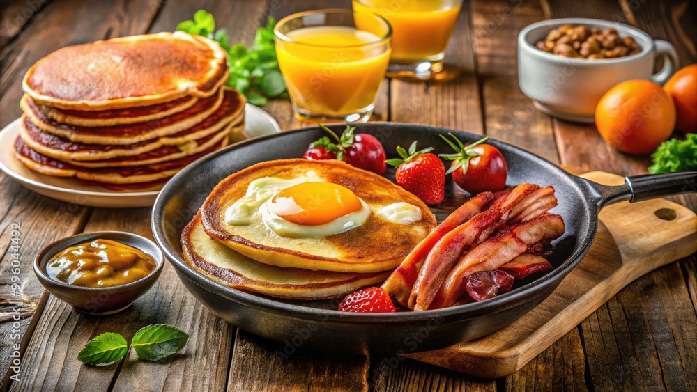 A delightful array of American breakfast classics featuring fluffy pancakes, perfectly cooked eggs, crispy bacon, and warm toast to satisfy your morning cravings. A delightful array of American breakfast classics featuring fluffy pancakes, perfectly cooked eggs, crispy bacon, and warm toast to satisfy your morning cravings.