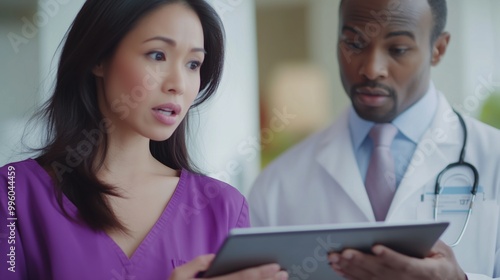 A woman and a man are looking at a tablet