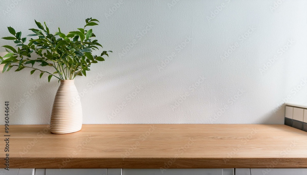 Kitchen wooden countertop on white wall background. Minimalistic room with tabletop and plant in vase for product presentation. Clean closeup mockup. interior of a room with a plant Kitchen wooden countertop on white wall background. Minimalistic room with tabletop and plant in vase for product presentation. Clean closeup mockup. interior of a room with a plant