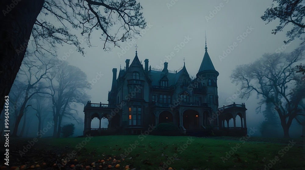 A spooky Gothic Style mansion in the middle of a dark, foggy forest. A spooky Gothic Style mansion in the middle of a dark, foggy forest.