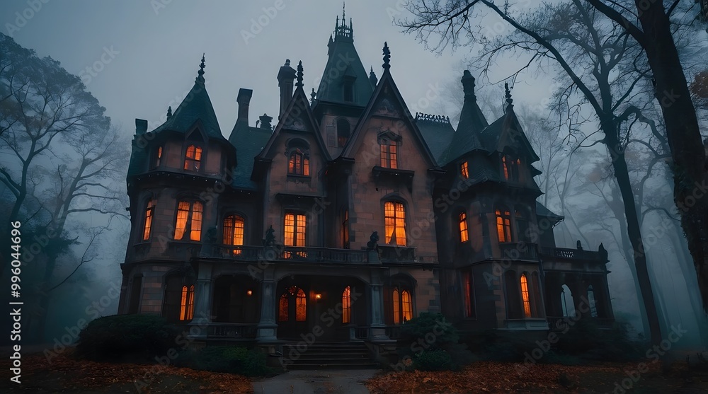 A spooky Gothic Style mansion in the middle of a dark, foggy forest. A spooky Gothic Style mansion in the middle of a dark, foggy forest.