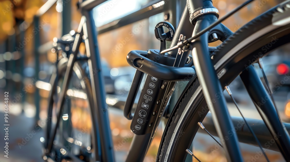Fototapeta premium A bicycle locked with a black u-lock.