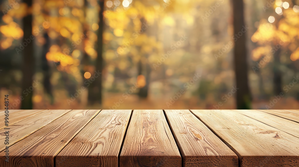 Rustic wooden tabletop with autumn forest background, warm orange and yellow tones. Rustic wooden tabletop with autumn forest background, warm orange and yellow tones.