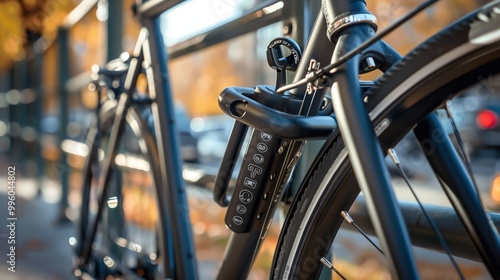 A bicycle locked with a black u-lock. photo