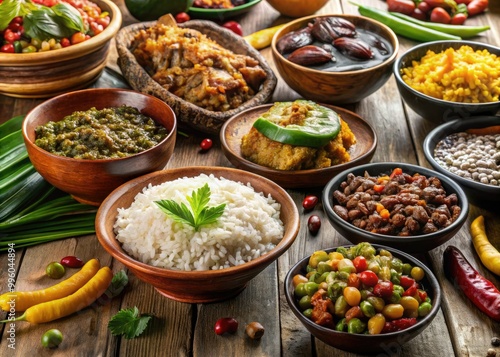 A colorful spread of Jamaican cuisine featuring rice, beans, and authentic spicy dishes showcases vibrant flavors for an unforgettable dining experience. Perfect for any gathering!