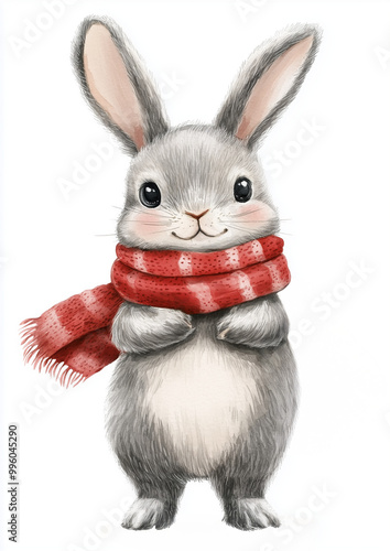 Cute watercolor rabbit in a red scarf on a white background.