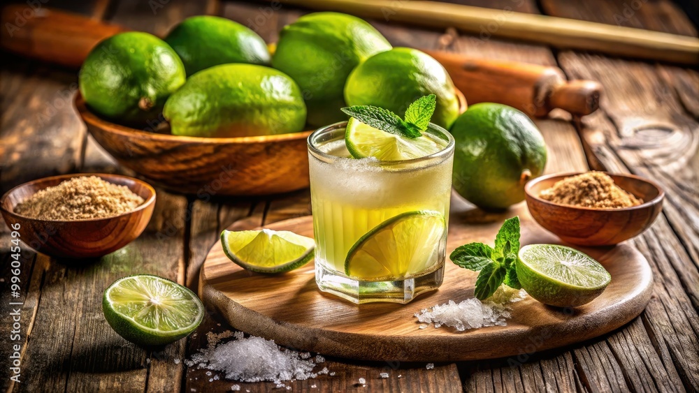 A classic Brazilian Caipira drink featuring fresh lime and sugar, beautifully arranged on a rustic wooden table, captures the essence of authentic country flavors. A classic Brazilian Caipira drink featuring fresh lime and sugar, beautifully arranged on a rustic wooden table, captures the essence of authentic country flavors.