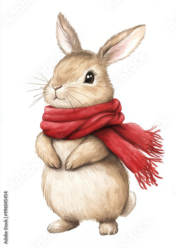 Cute watercolor rabbit in a red scarf on a white background.