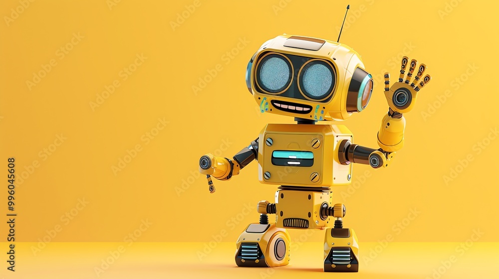 A friendly yellow robot waves hello against a yellow background. A friendly yellow robot waves hello against a yellow background.