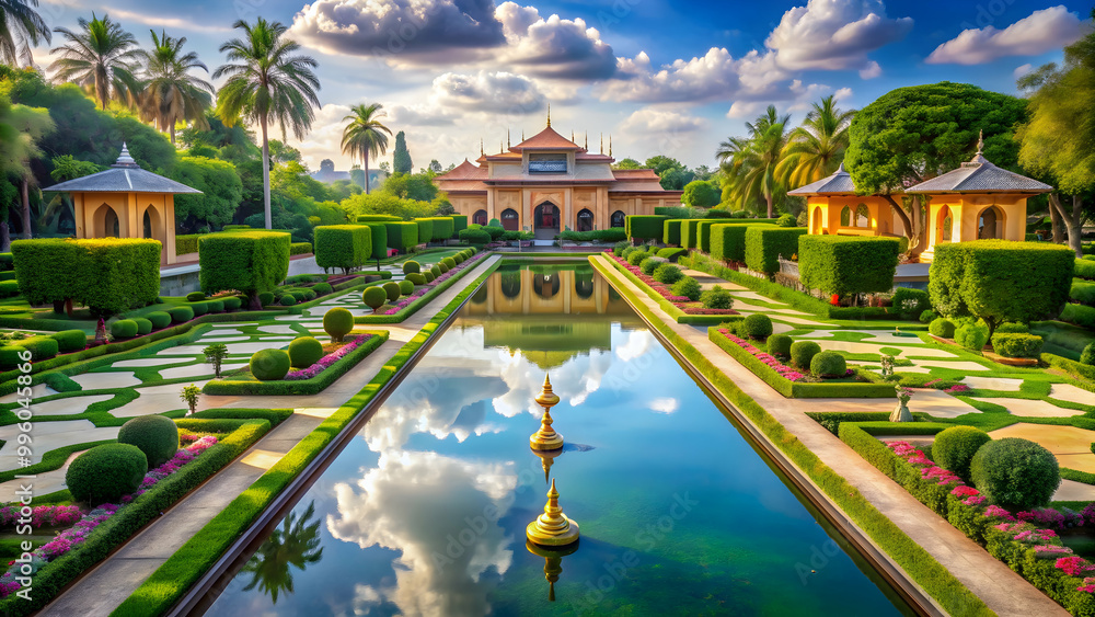 Obraz premium Tranquil oasis of an ancient civilization with grand palace, lush gardens
