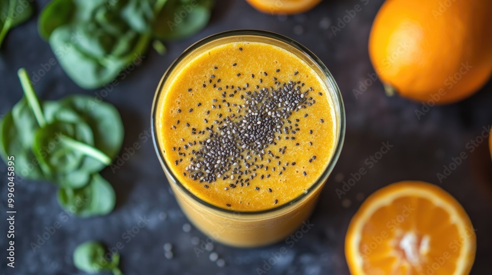A healthy orange smoothie made with fresh oranges, spinach, and chia seeds, a perfect post-workout drink A healthy orange smoothie made with fresh oranges, spinach, and chia seeds, a perfect post-workout drink