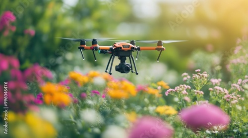 Orange Drone Hovering Above a Field of Flowers