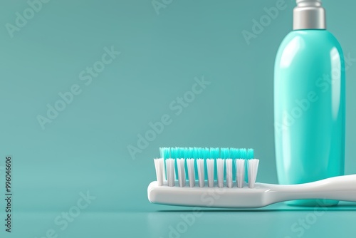 Toothbrush and toothpaste bottle on a soft blue background.